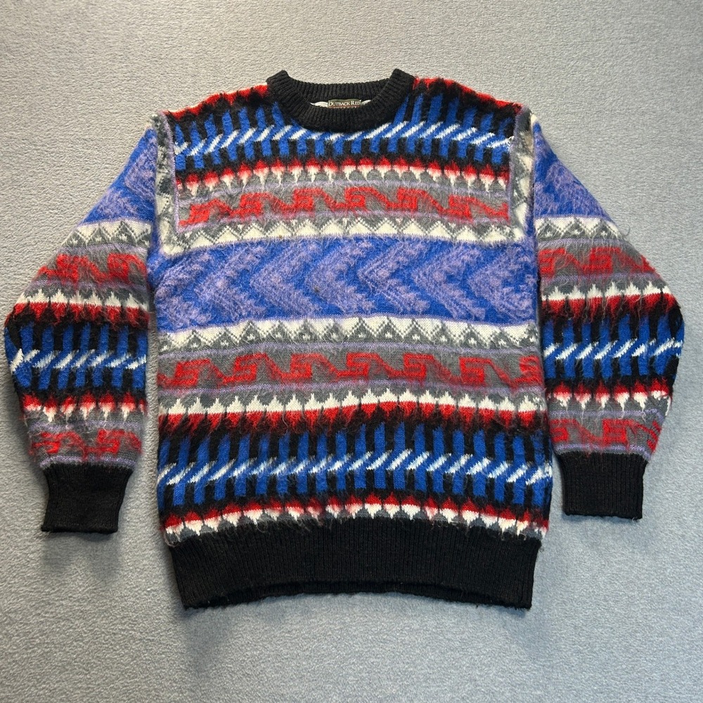 Outback Red Fuzzy Geometric Sweater Mens M Grandpa Pullover Vintage Colorblock